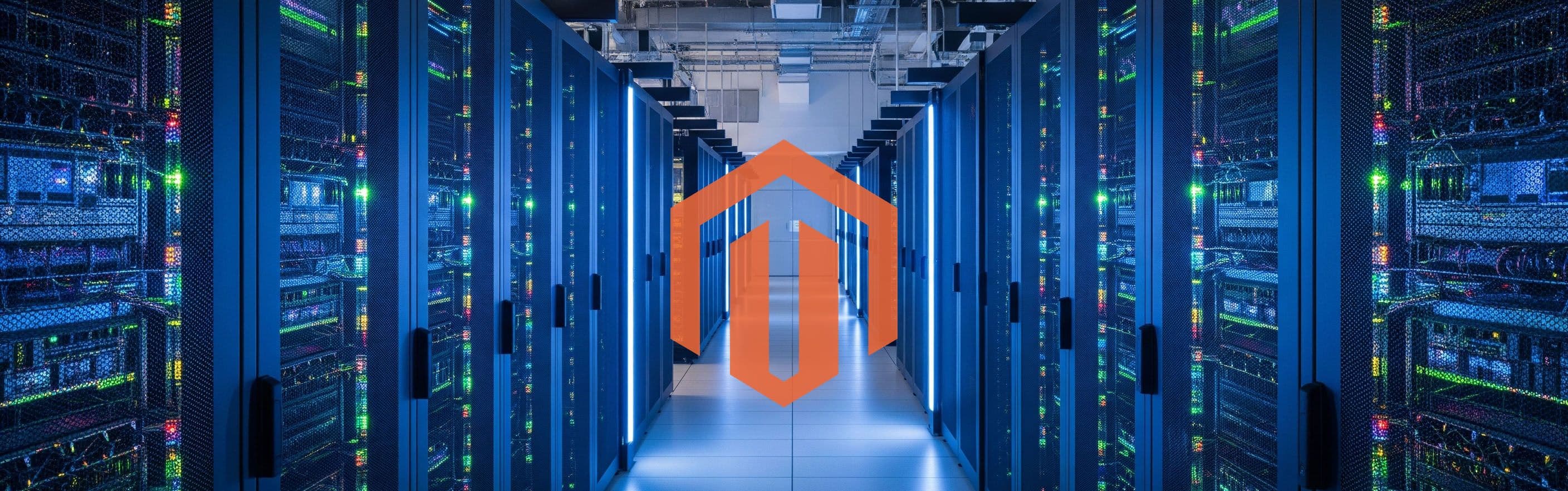 Magento logo with server racks in a datacenter